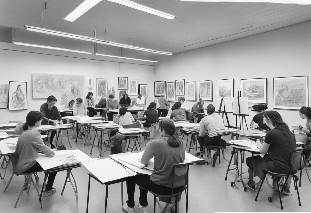 A figure drawing class with easels, sketchpads, and various drawing materials scattered around the room. An instructor demonstrates techniques to a group of students