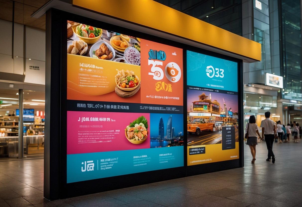 A vibrant display of j65 promotions in Singapore, with bold typography and eye-catching graphics