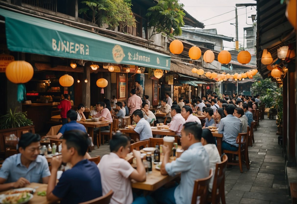 A bustling restaurant in Singapore's Kintamani district, with colorful promotional banners and a lively atmosphere