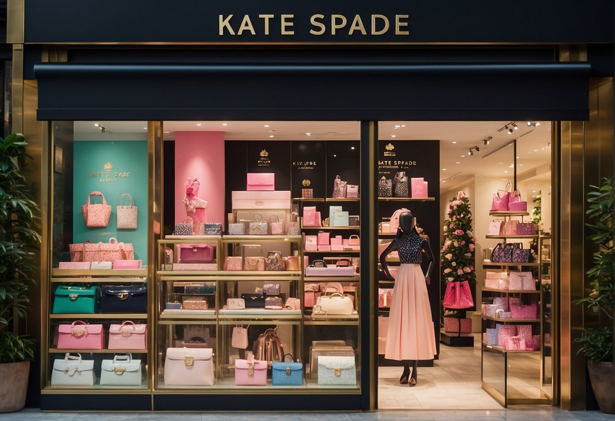 A colorful display of kate spade products, surrounded by promotional signs and banners in a bustling Singapore shopping district