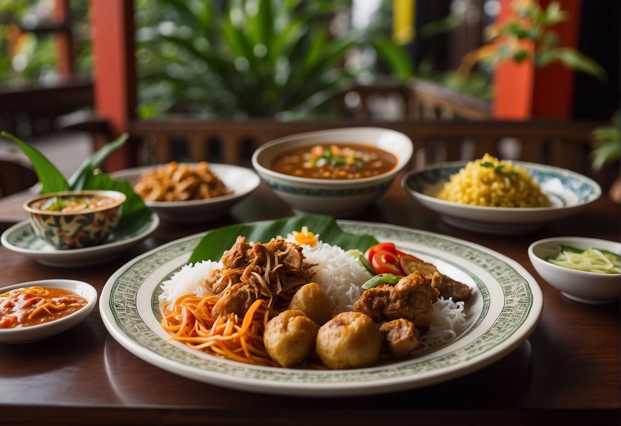 A table set with Indonesian dishes, surrounded by promotional banners and signs at Kintamani Indonesian Restaurant