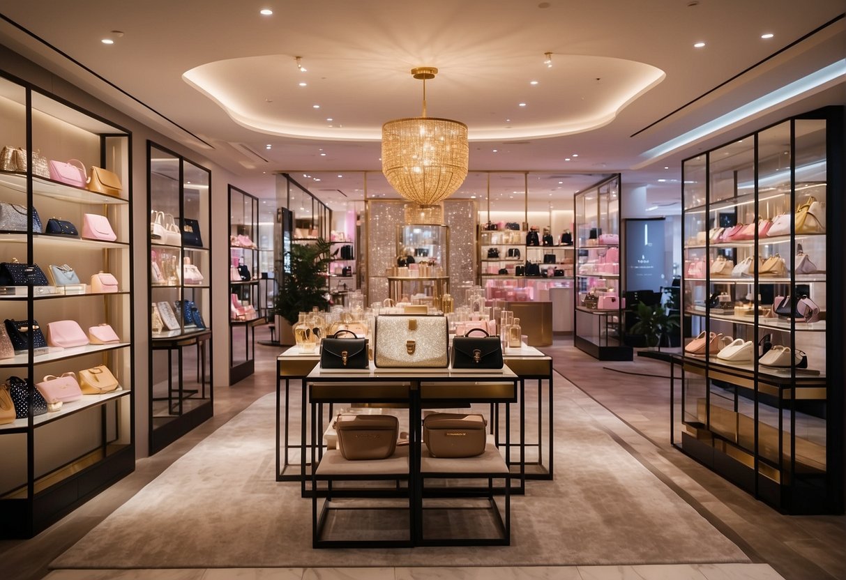 A glittering display of kate spade products at the Exclusive 2024 Promotions event in Singapore. Bright lights and elegant signage draw in the crowd