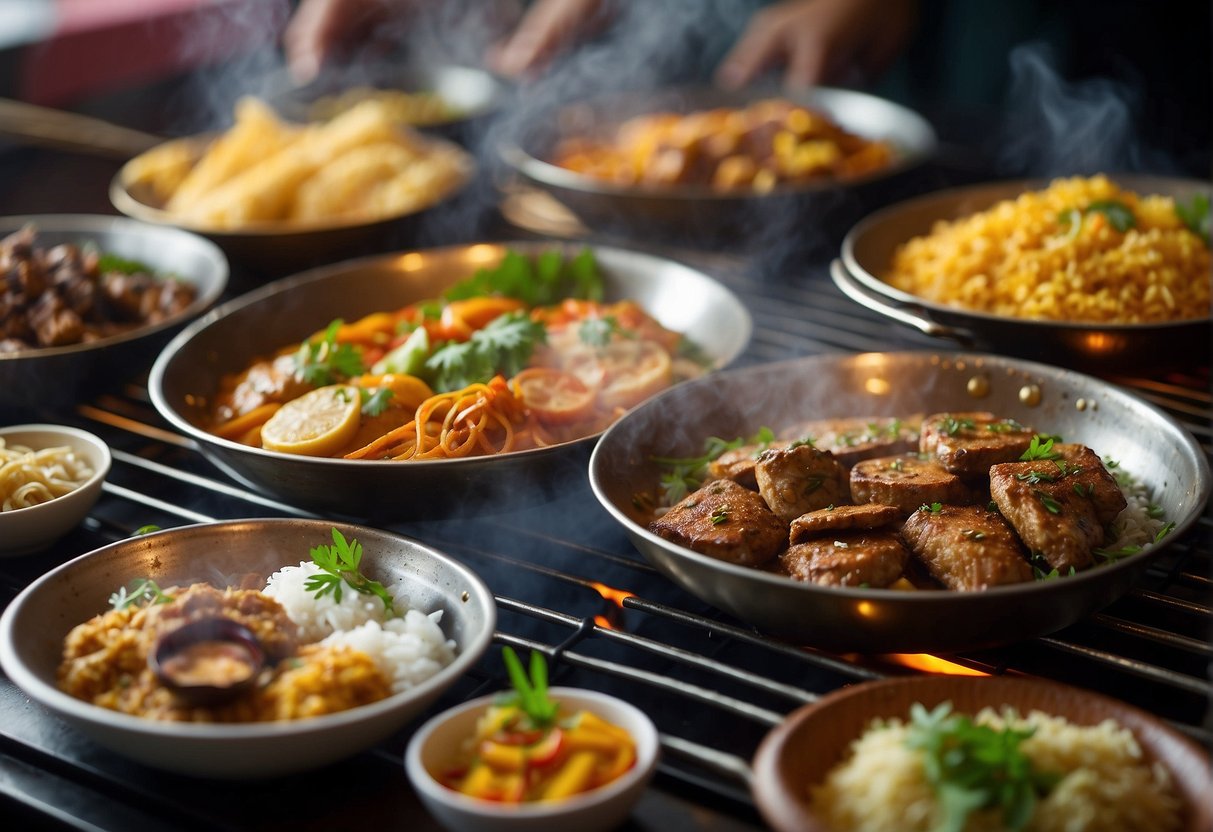 A colorful array of Indonesian dishes sizzle on the grill as aromatic spices fill the air. The vibrant atmosphere of Kintamani Restaurant in Singapore comes alive with the essence of Indonesian cuisine