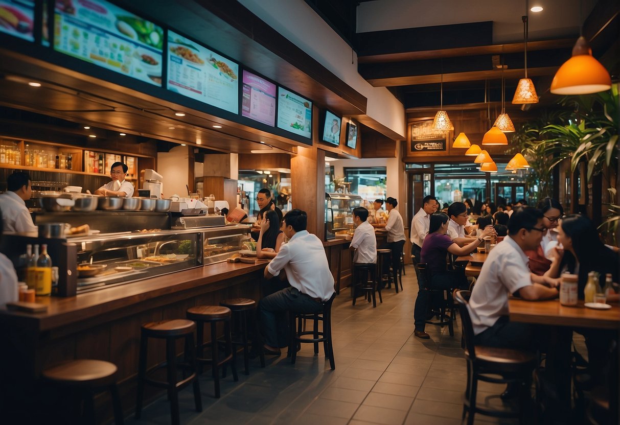 A bustling restaurant with colorful promotional displays and a busy staff serving customers in Kintamani, Singapore
