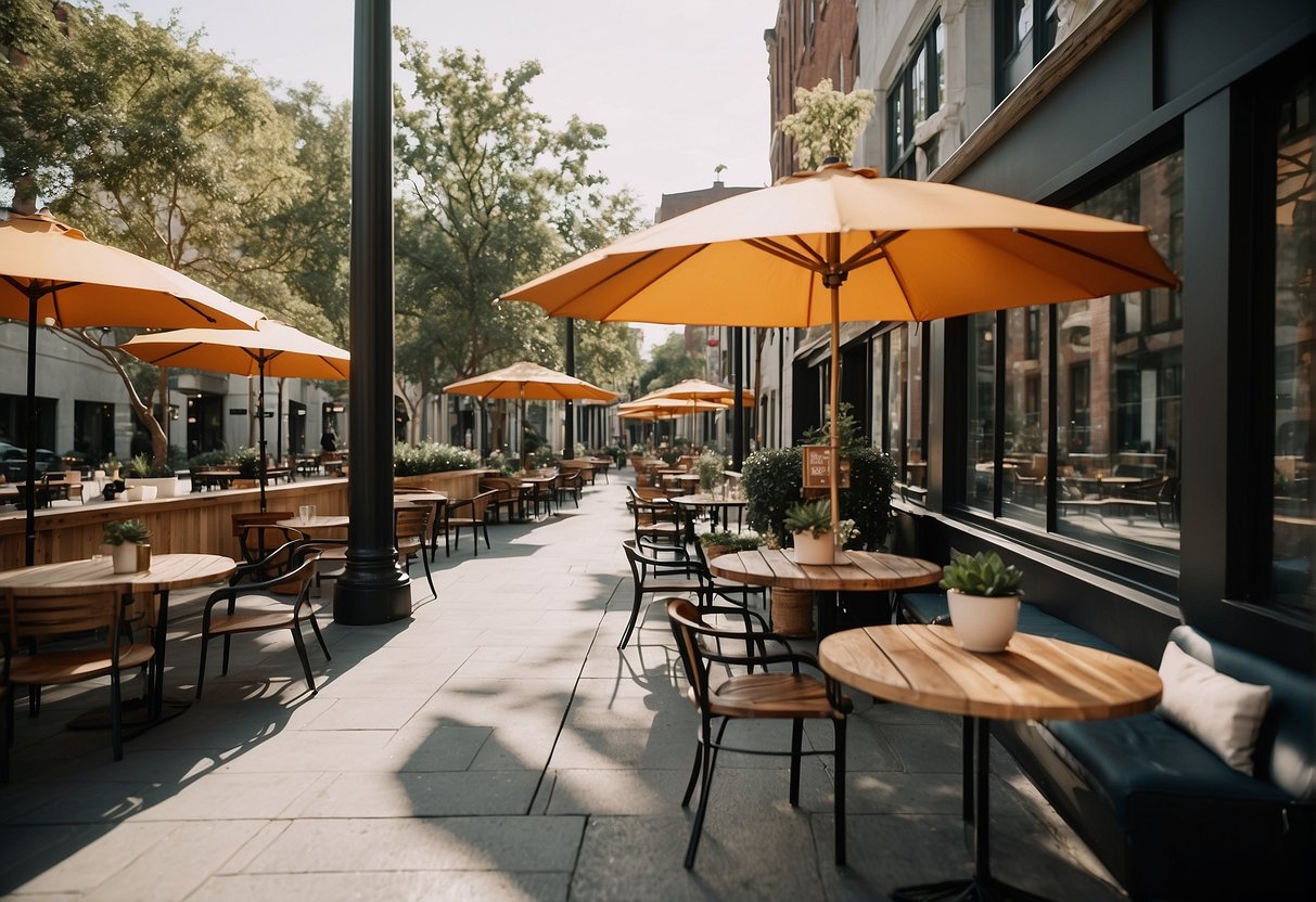 A stylish outdoor cafe with kate spade branded umbrellas, tables, and chairs. Refreshments and lifestyle products are displayed on the tables