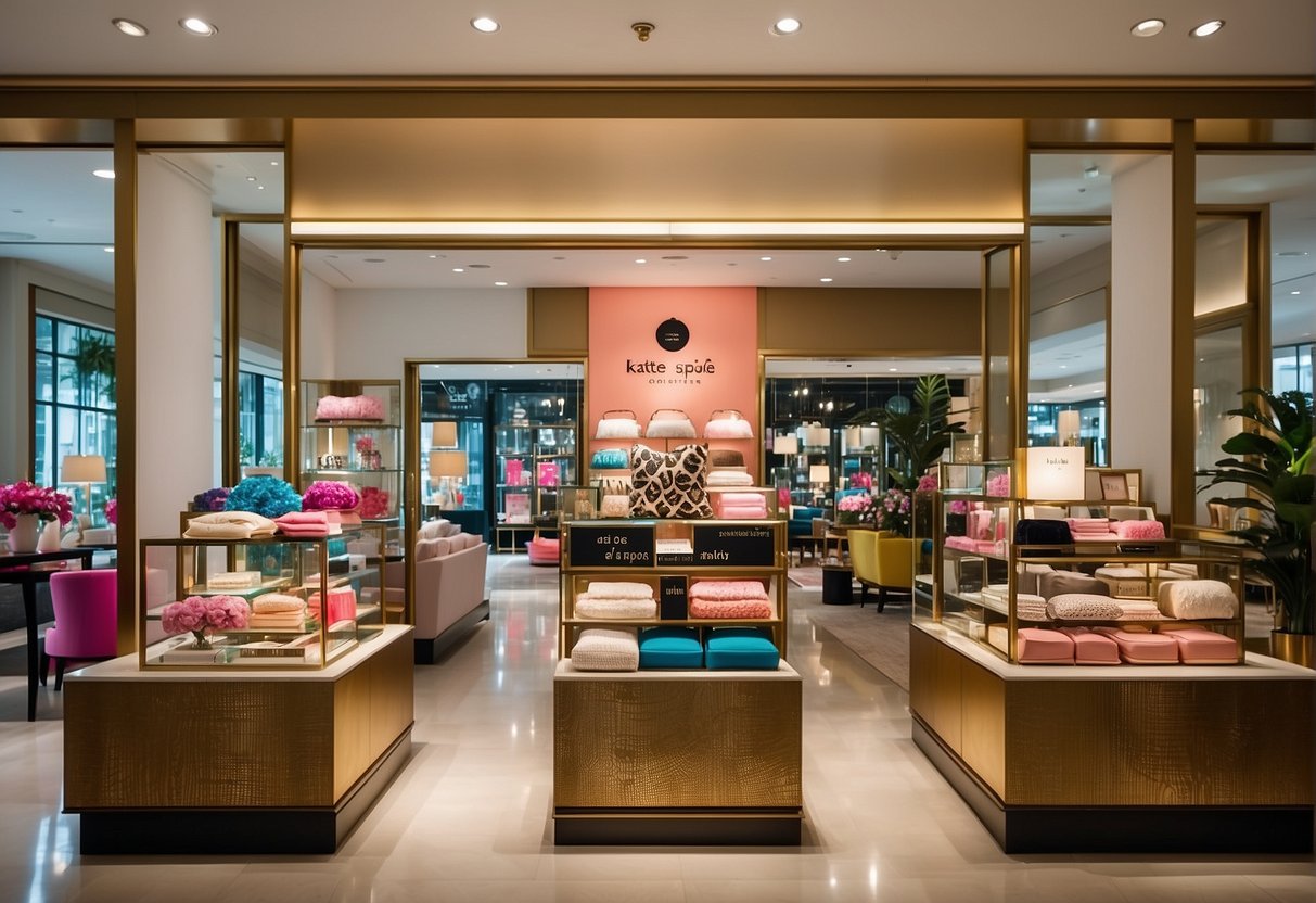 A vibrant kate spade store in Singapore, with colorful promotional displays and a sign for "Frequently Asked Questions" prominently featured