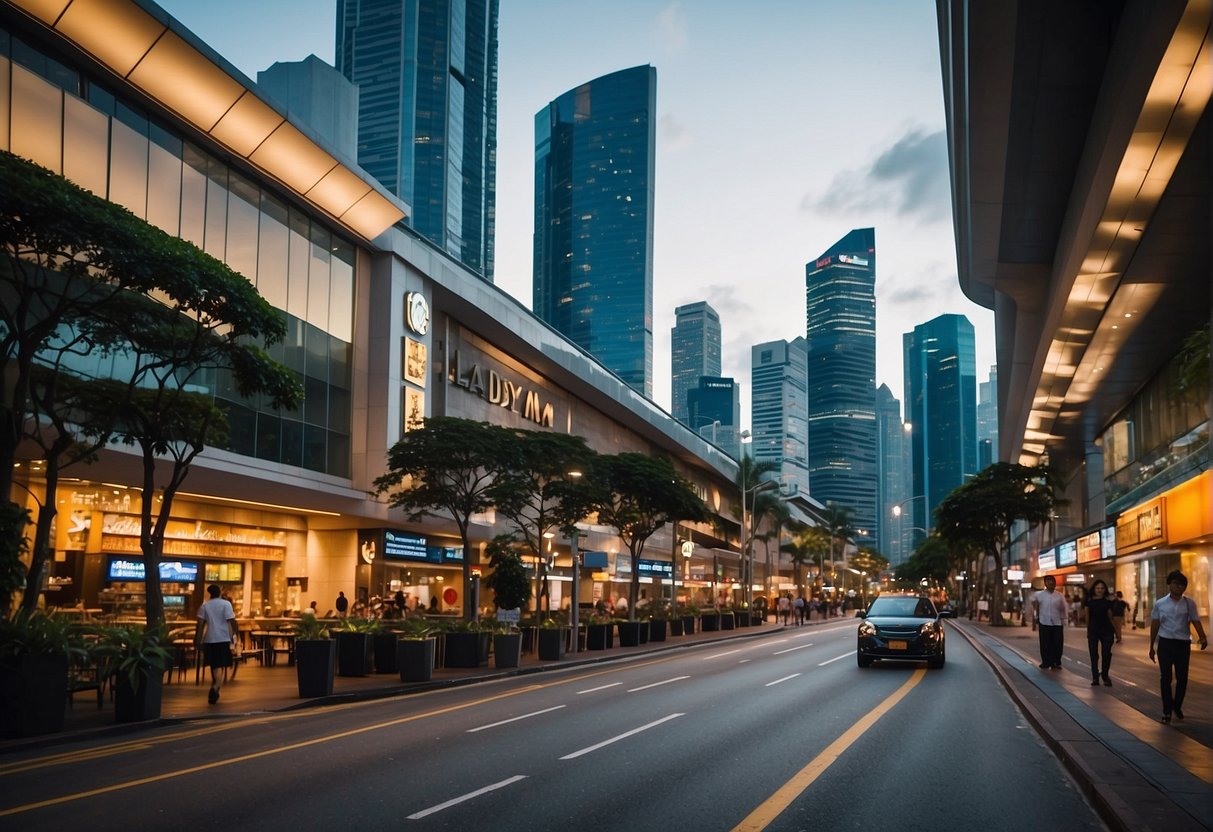 A bustling city street in Singapore with vibrant signage for Lady M Promotions, showcasing the lively atmosphere and modern architecture