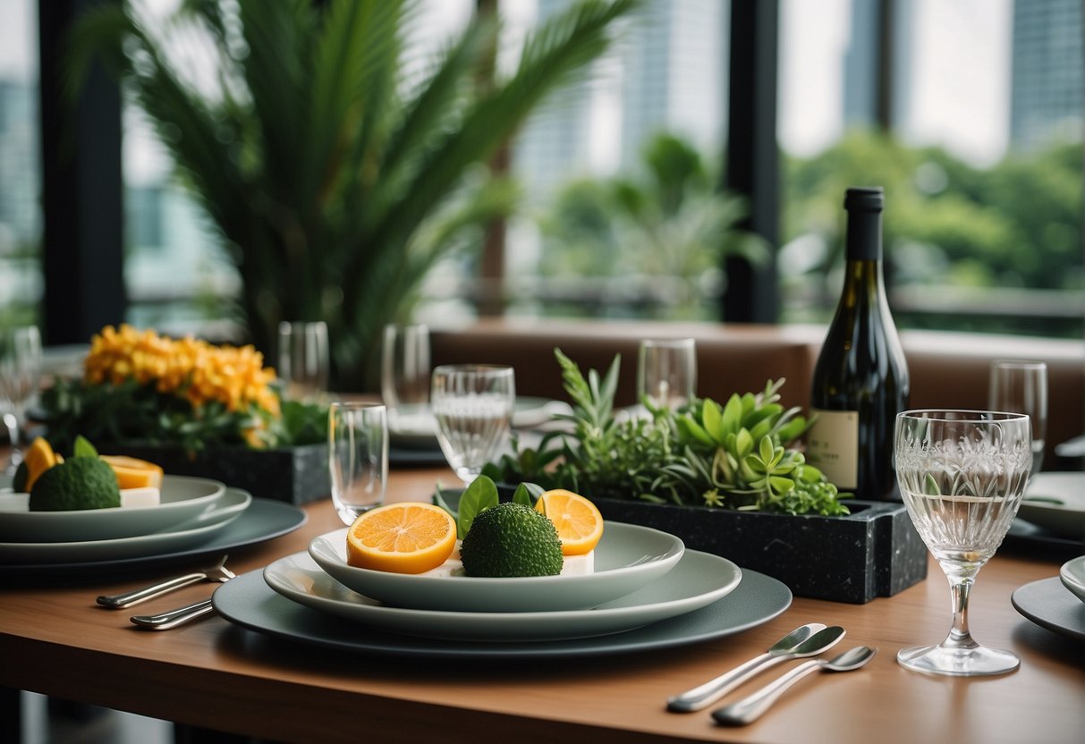 A luxurious table setting with elegant dishes and drinks at Koma Singapore, surrounded by lush greenery and modern decor