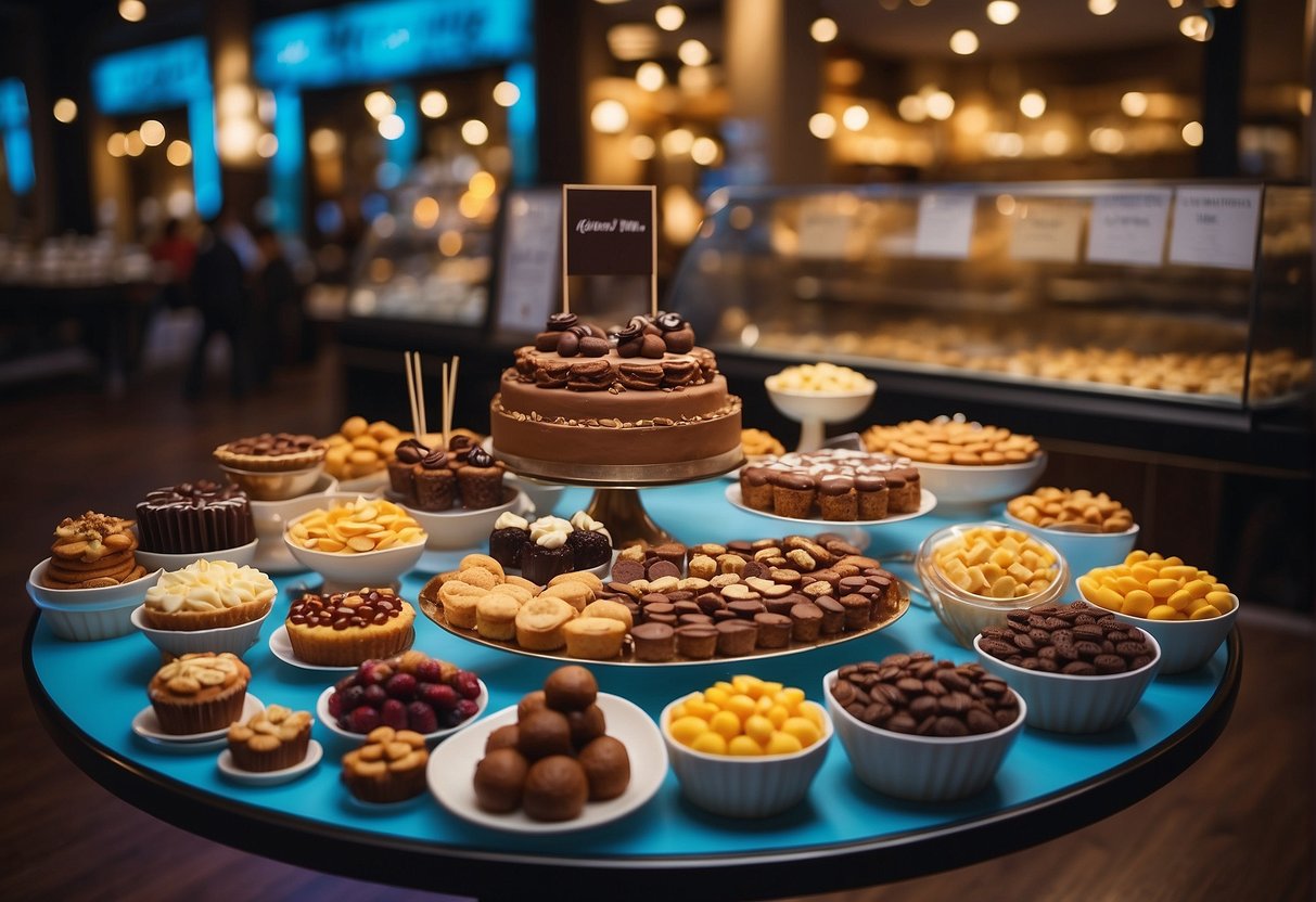 A table filled with Lady M desserts, surrounded by promotional signs and banners