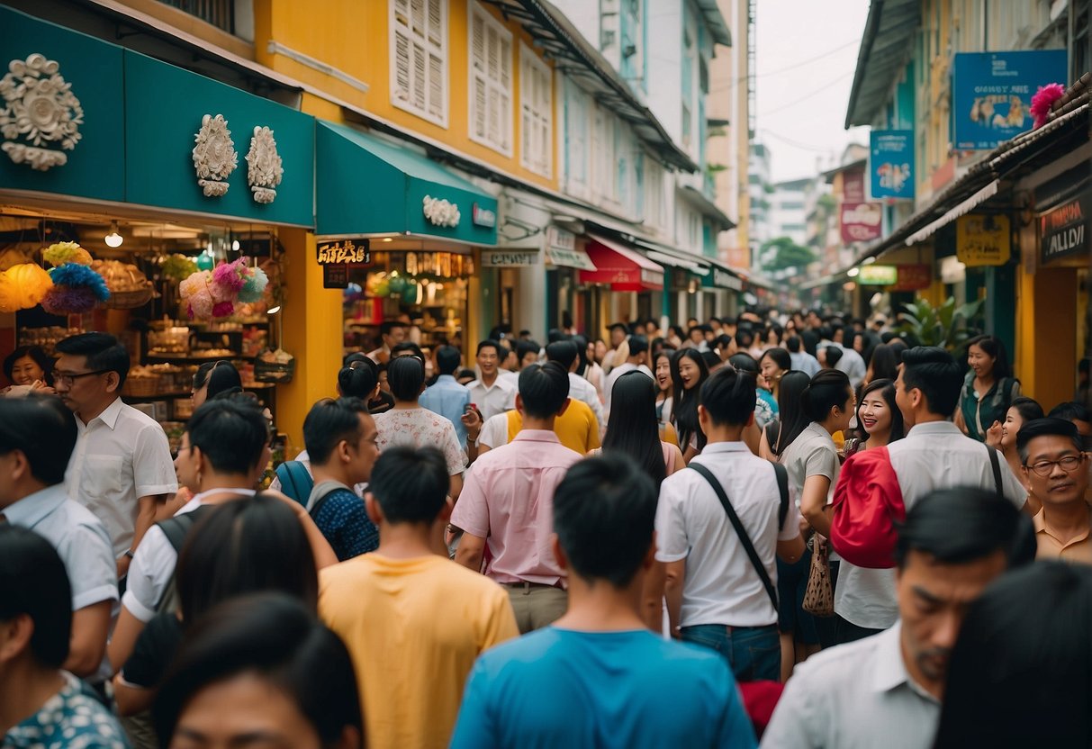 A bustling street in Singapore with colorful storefronts and lively crowds, showcasing the vibrant energy of Kipling Promotions