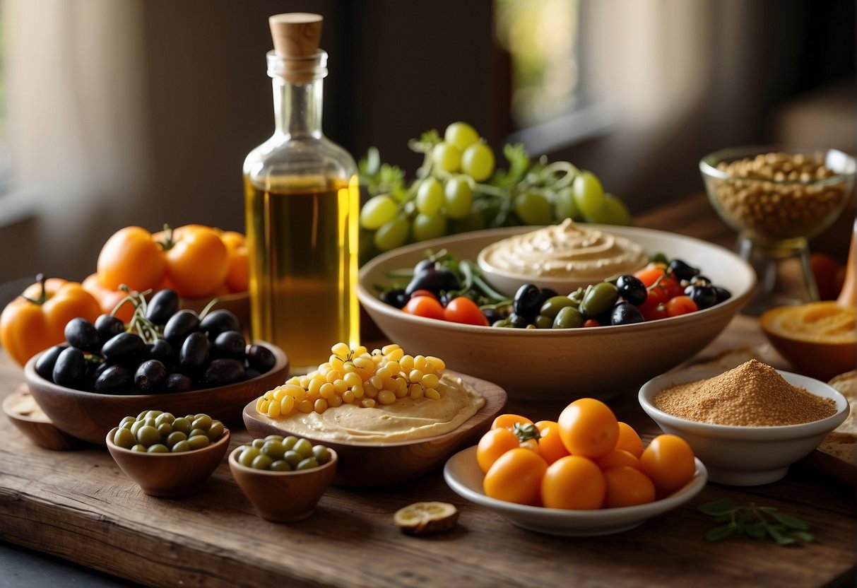 A table set with colorful vegetables, fruits, olives, and whole grains, with a bottle of olive oil and a bowl of hummus