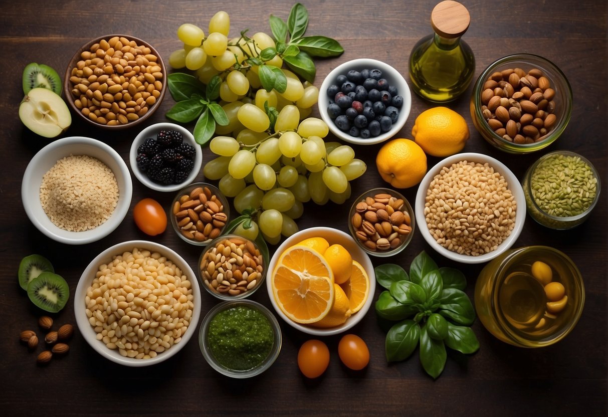 A table set with a colorful array of fresh fruits, vegetables, grains, and legumes, surrounded by olive oil, nuts, and herbs