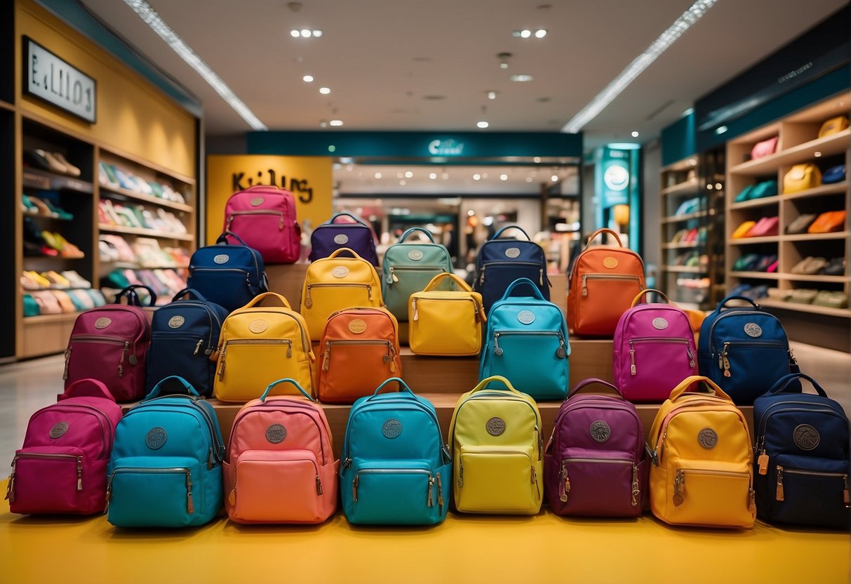 A vibrant display of Kipling bags arranged in a Singapore storefront, with eye-catching promotional signs and colorful designs