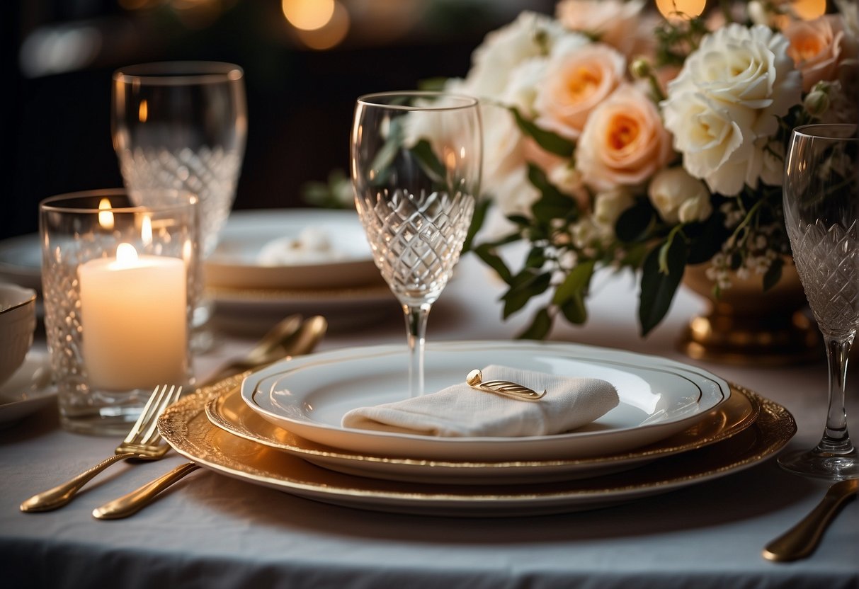 A beautifully set table with elegant tableware, sparkling glassware, and a stunning floral centerpiece, all bathed in soft, warm lighting