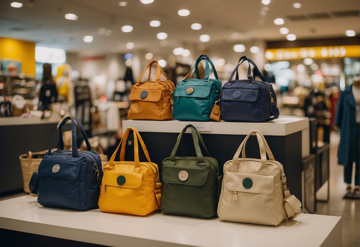 A table displaying various pre-loved Kipling bags with a sign promoting a cause in a Singaporean store