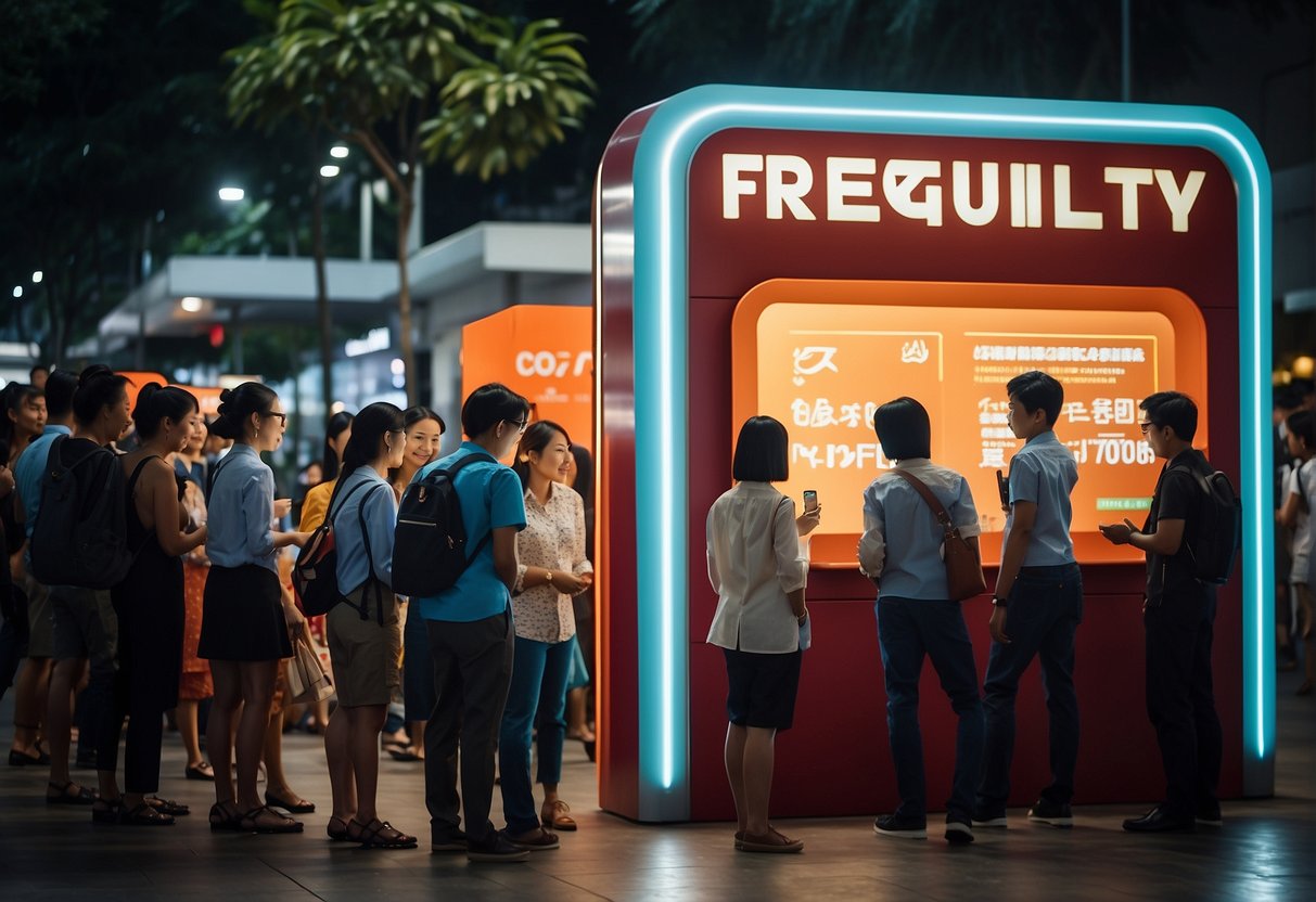 A crowd gathers around a promotional booth in Singapore, with a large sign reading "Frequently Asked Questions" in bold letters. Bright lights illuminate the area, and people are seen engaging with the promotional materials