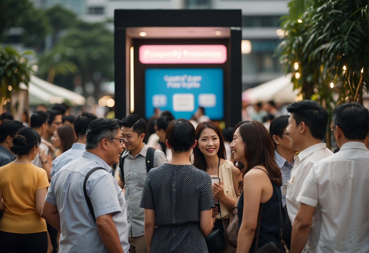 A bustling event with people lining up at a promotional booth in Singapore, with a prominent sign reading "Frequently Asked Questions Lady M Promotions."