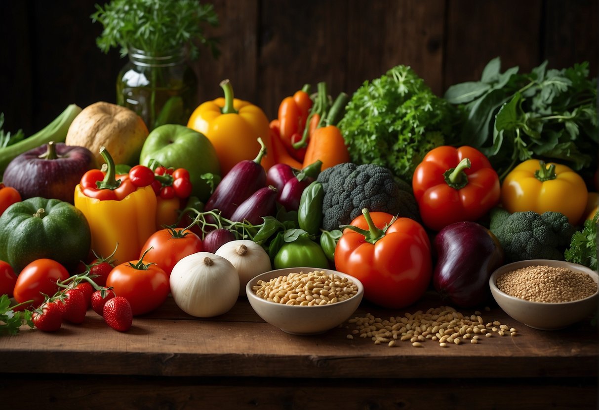 A colorful array of fresh vegetables, fruits, grains, and herbs arranged on a wooden table, evoking the vibrant flavors of a vegetarian Mediterranean diet