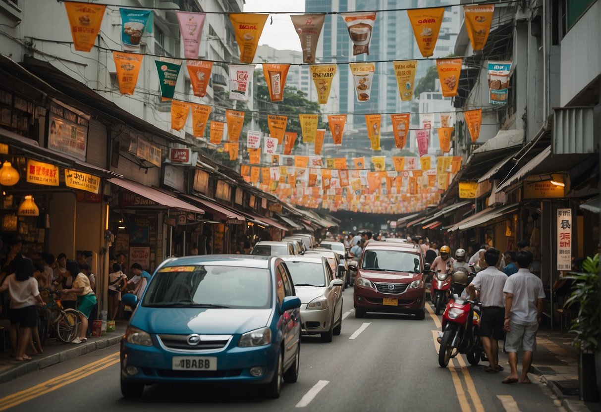 A bustling street in Singapore adorned with colorful banners and signs promoting Kopiko coffee products