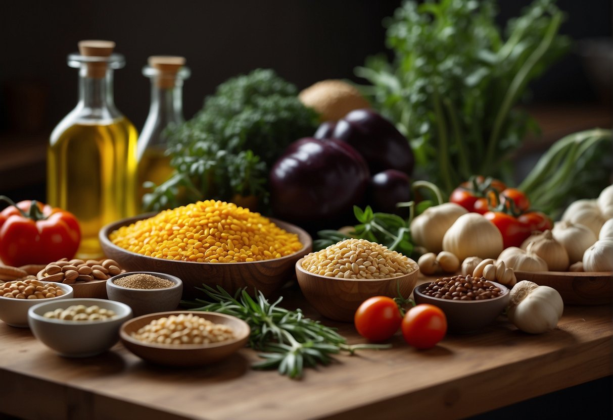 Fresh vegetables, grains, and legumes arranged on a kitchen counter. Olive oil, herbs, and spices are nearby. A recipe book is open to a Mediterranean dish