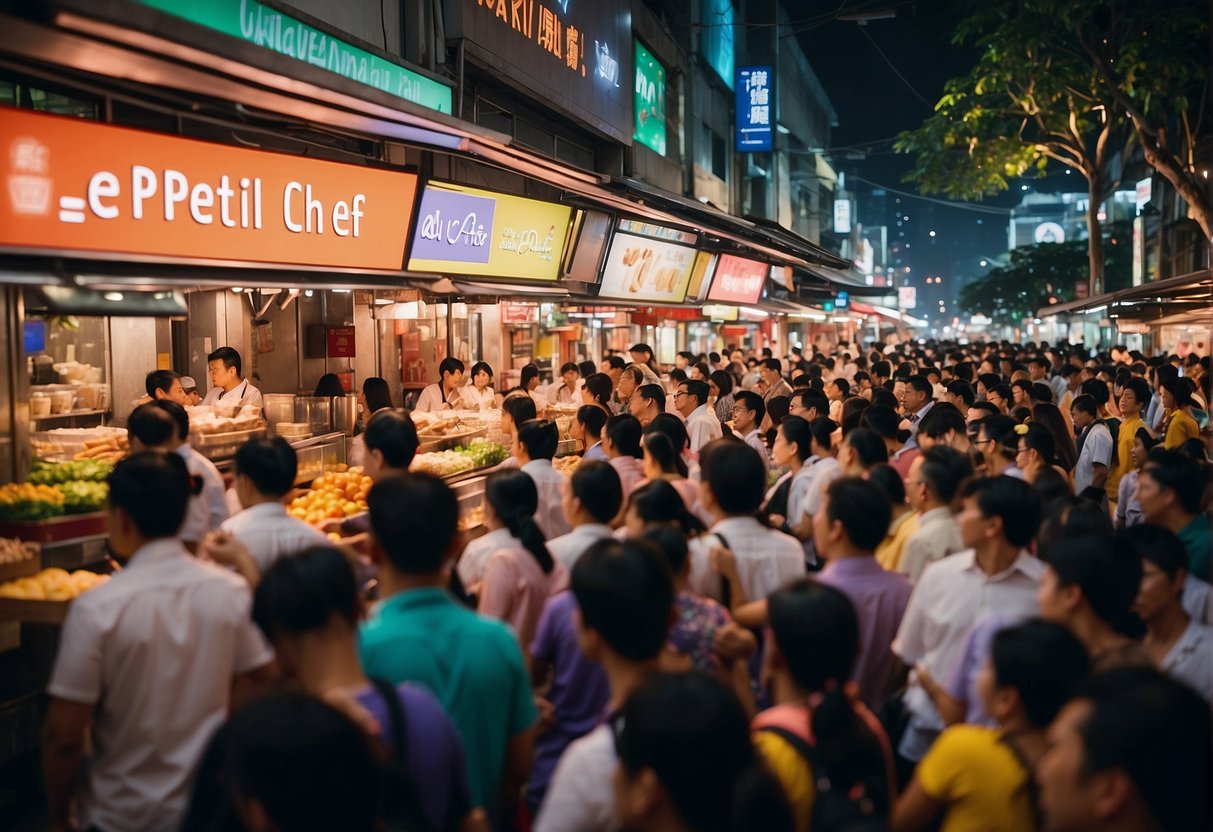A bustling street in Singapore, with colorful banners advertising "Le Petit Chef" promotions, surrounded by lively crowds and vibrant city lights