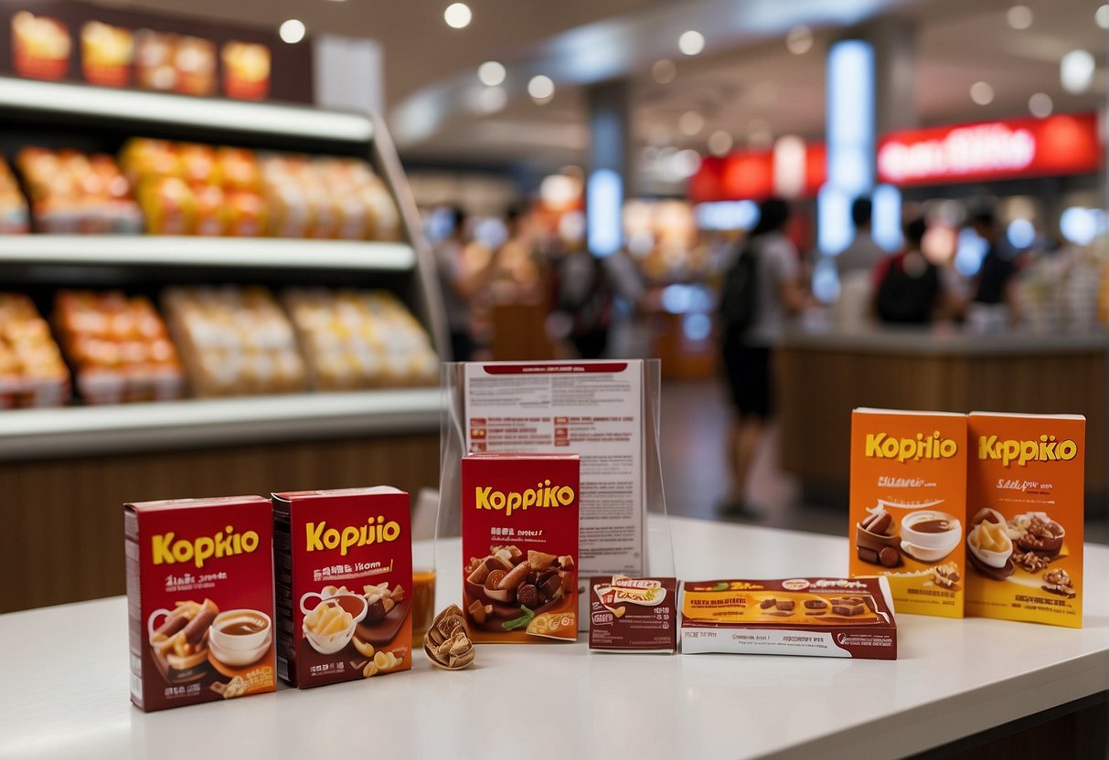 A table with Kopiko products, a promotional banner, and a stack of FAQ brochures in a bustling Singaporean mall
