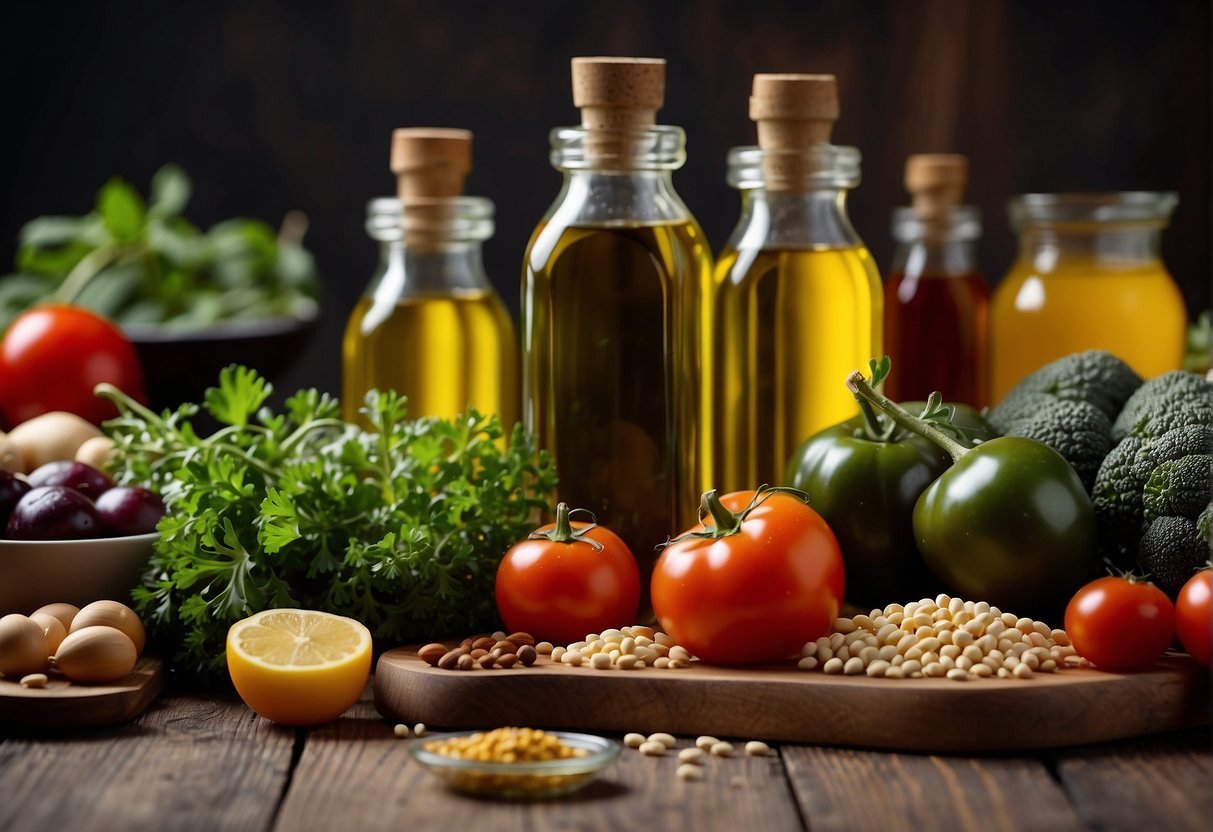 A table set with colorful, fresh vegetables, grains, and legumes. Olive oil, herbs, and spices are prominently displayed. No animal products are present