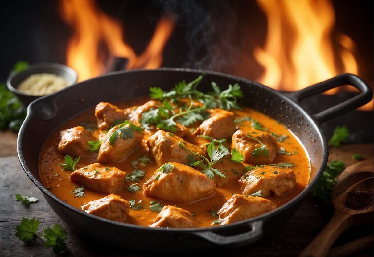 A sizzling pan of aromatic butter chicken simmers over a low flame, surrounded by a colorful array of fragrant spices and fresh herbs
