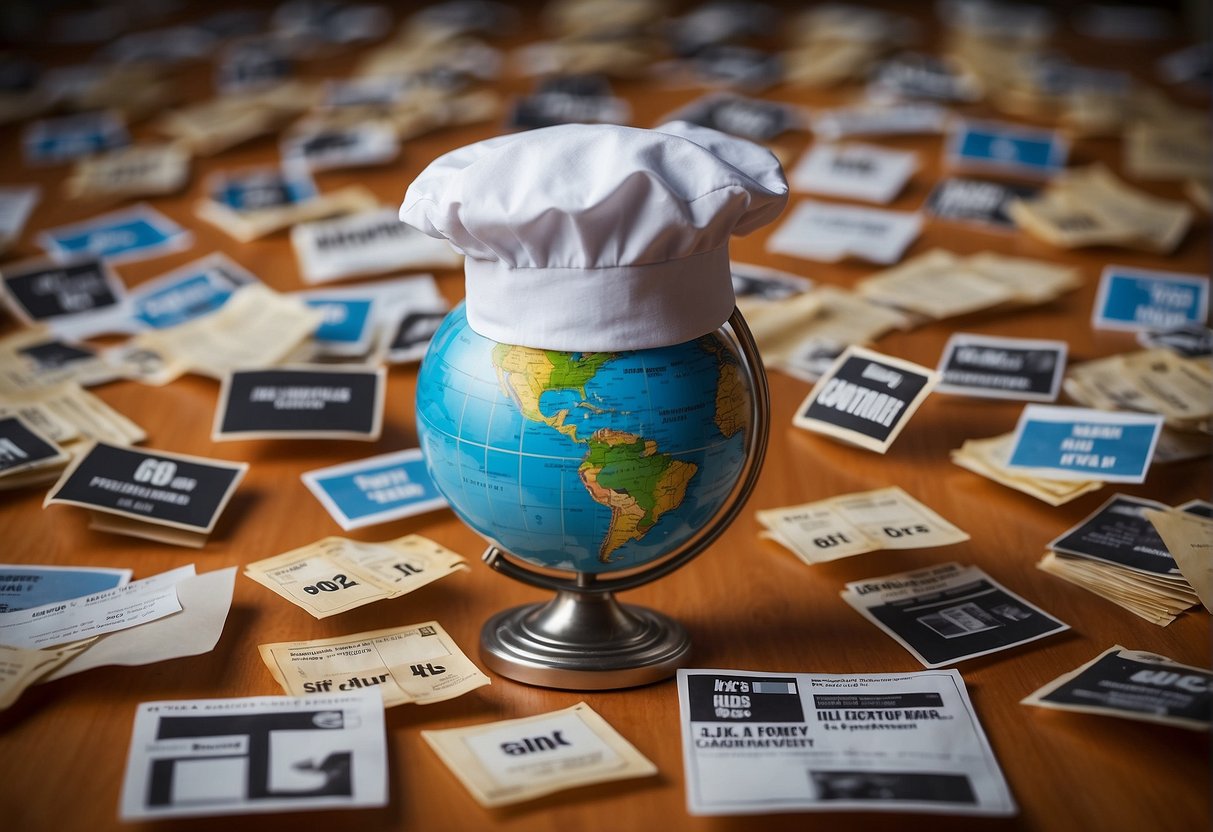 A chef hat sits atop a globe, surrounded by question marks and promotional signs