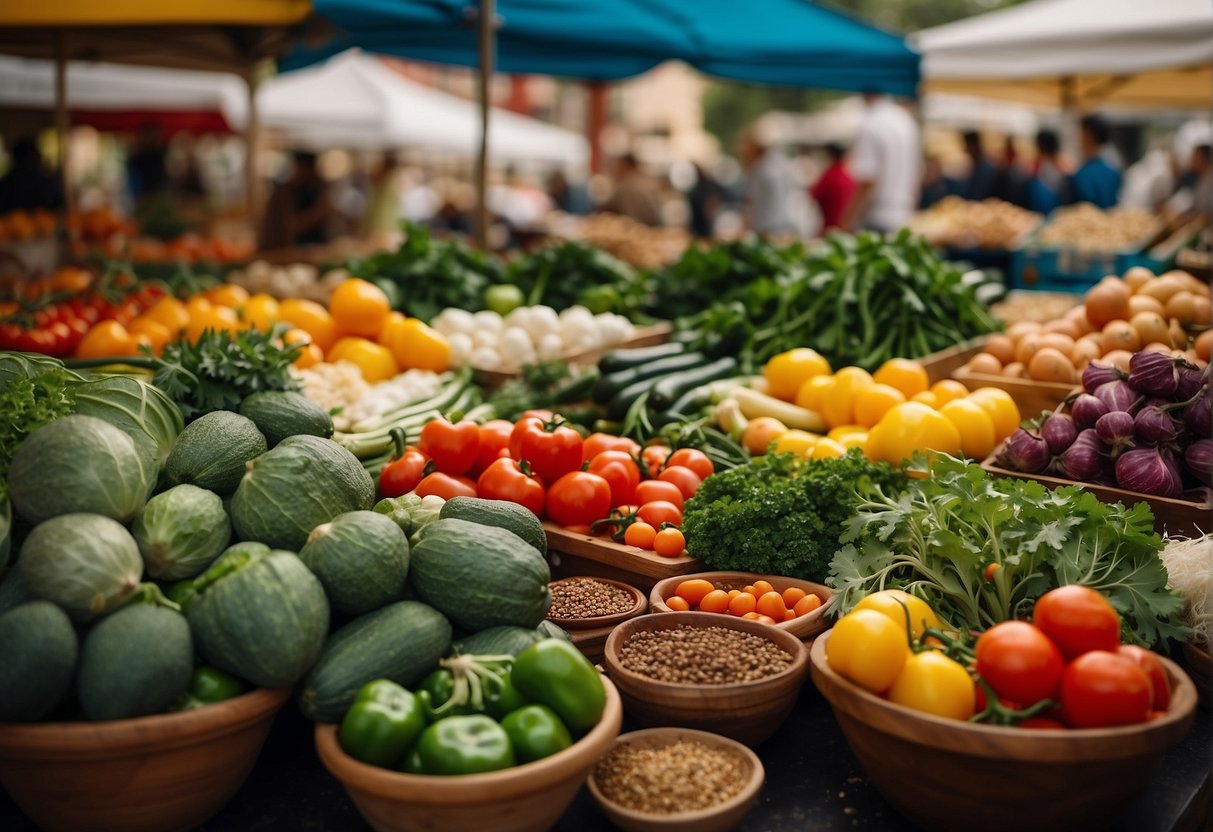 A vibrant market stall with an array of colorful vegetables, herbs, and spices. A chef's notebook filled with Mediterranean diet recipes sits nearby