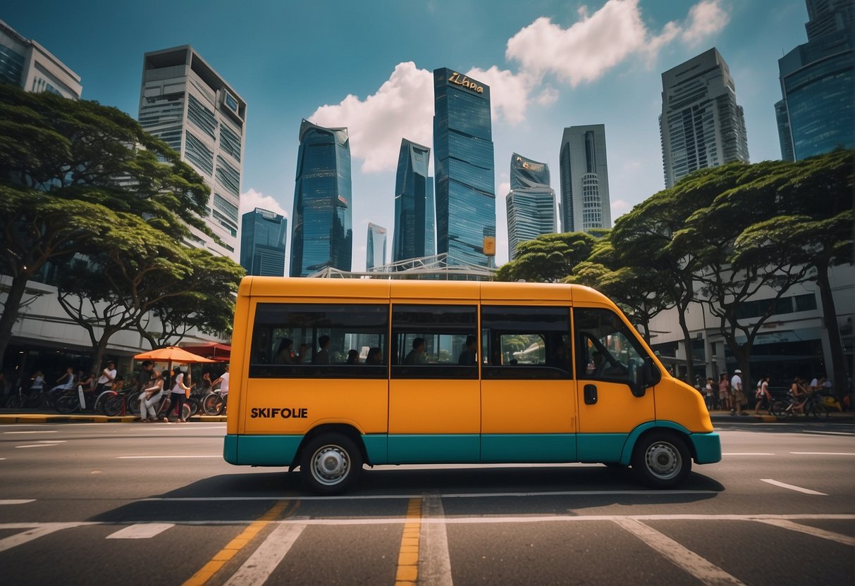 A colorful, bustling cityscape with iconic Singapore landmarks and lalamove delivery vehicles zipping through the streets