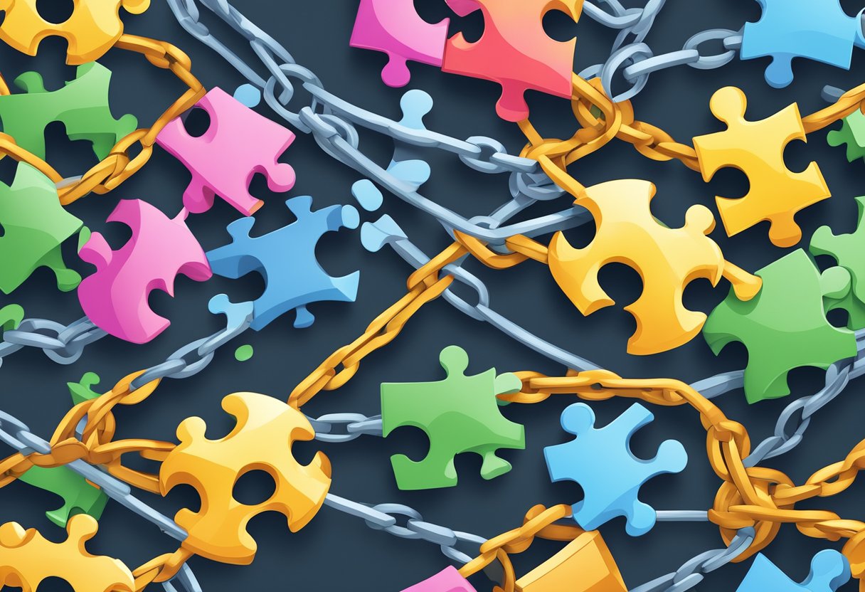 A tangled web of broken chains and scattered puzzle pieces symbolizing link building mistakes to avoid
