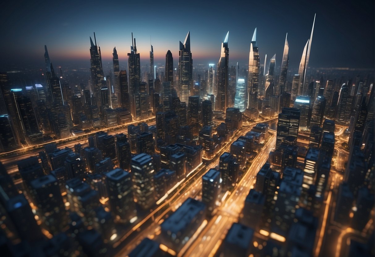 The scene depicts a futuristic cityscape with advanced technology and digital infrastructure, showcasing the era of super efficiency and digital transformation