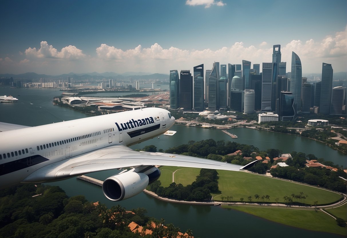 A Lufthansa airplane flying over the iconic skyline of Singapore with the city's famous landmarks in the background