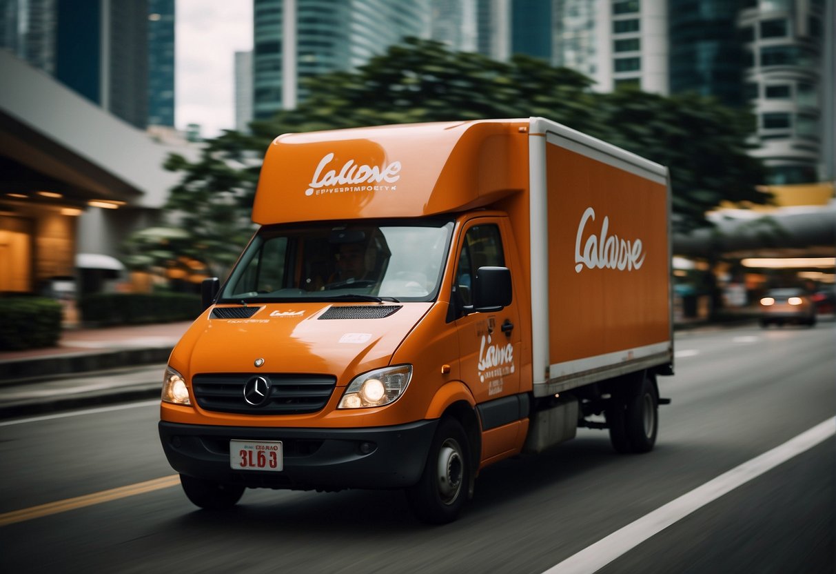 A delivery truck speeds through the bustling streets of Singapore, adorned with the logo of Lalamove, showcasing their efficient and reliable delivery services across Southeast Asia