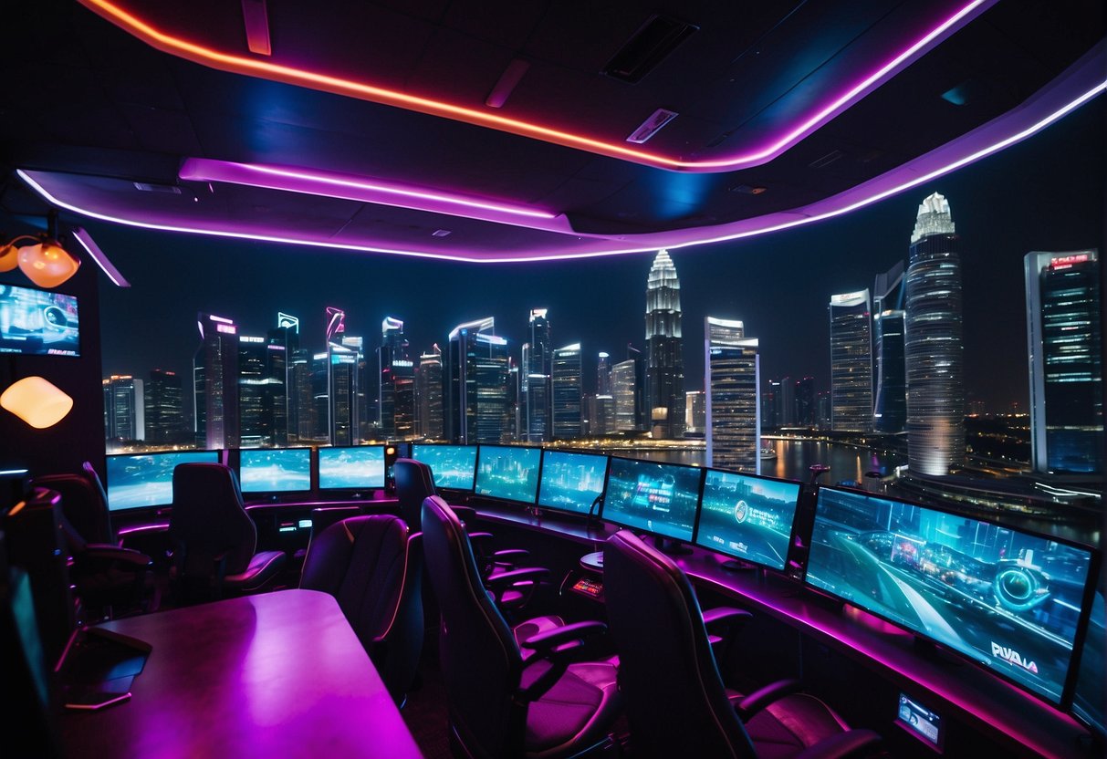 A bustling cityscape with futuristic skyscrapers, neon lights, and a vibrant esports arena, showcasing the excitement and energy of League of Legends promotions in Singapore