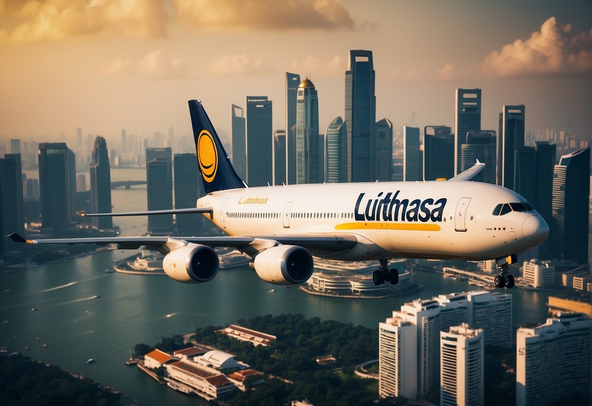 A vibrant airplane flying over the iconic skyline of Singapore, with Lufthansa branding and promotional messaging displayed prominently on the aircraft