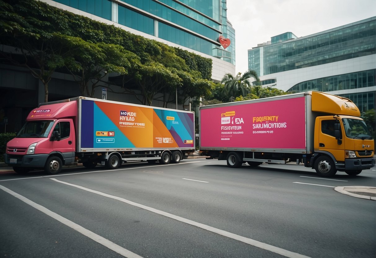 A colorful banner with "Frequently Asked Questions" and "Lalamove Promotions Singapore" displayed prominently, surrounded by various delivery vehicles and happy customers