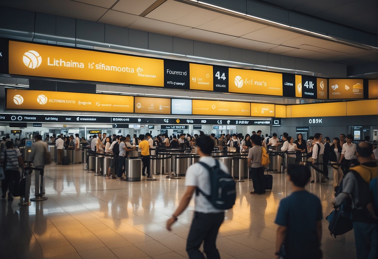 A crowded airport terminal with a prominent Lufthansa Singapore promotion display. People queuing and browsing nearby
