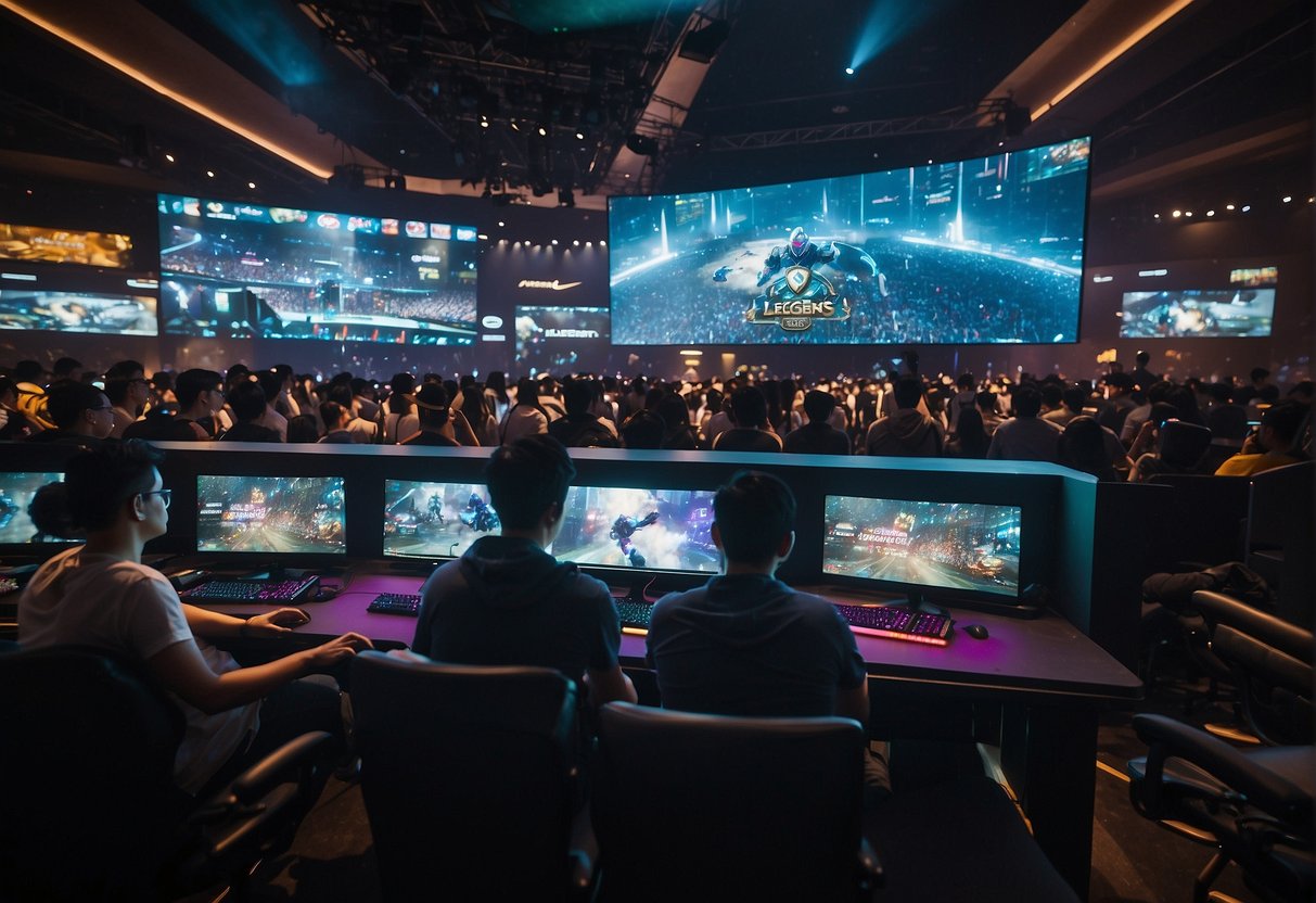 A crowded esports arena in Singapore showcases League of Legends promotions. Banners and screens display exciting offers and game highlights
