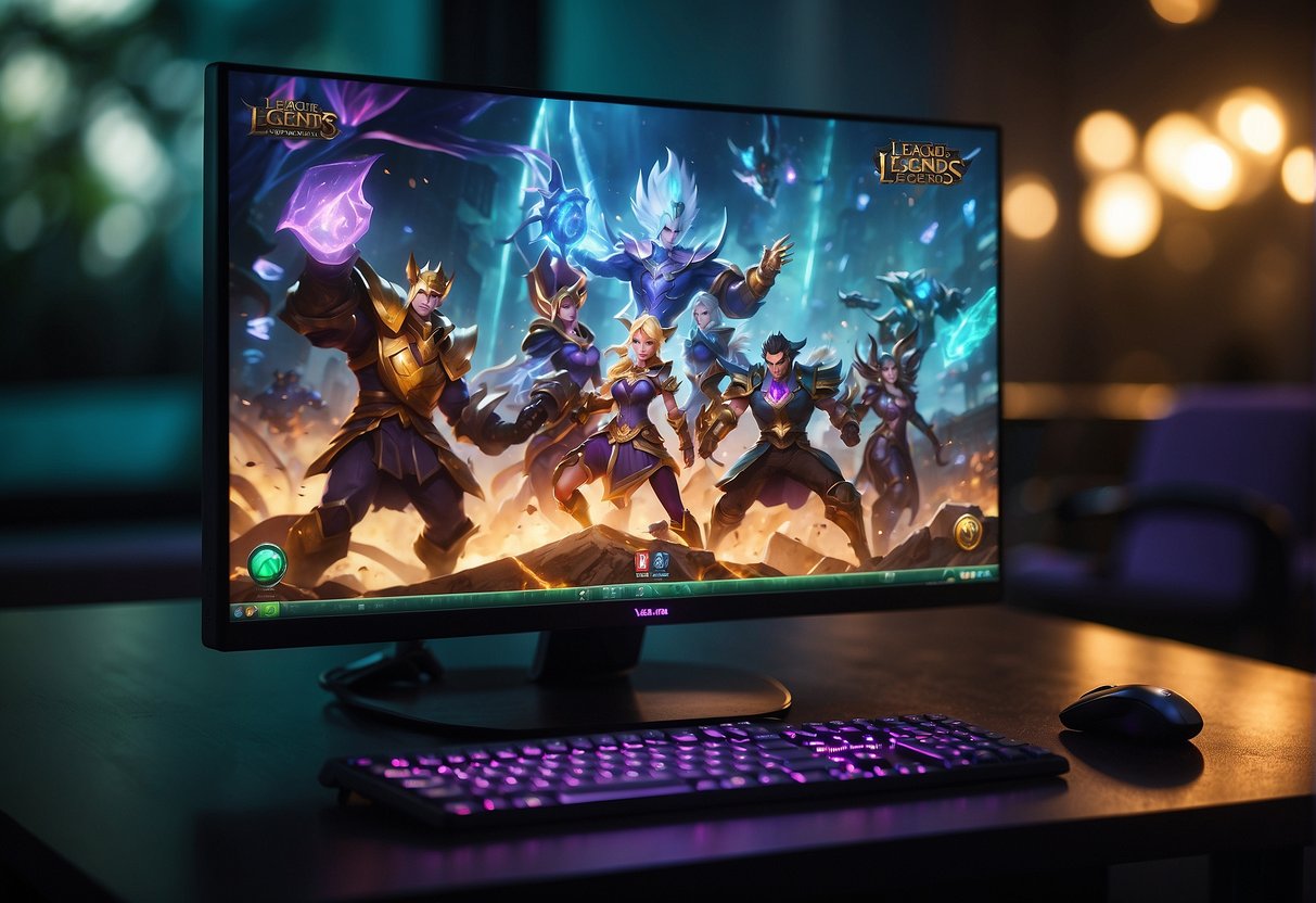 A computer screen showing a League of Legends promotional event in Singapore, with vibrant graphics and enticing offers displayed
