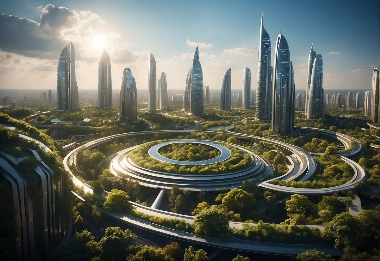 A futuristic city skyline with glowing, energy-efficient buildings and sustainable infrastructure, surrounded by lush greenery and clean, clear skies