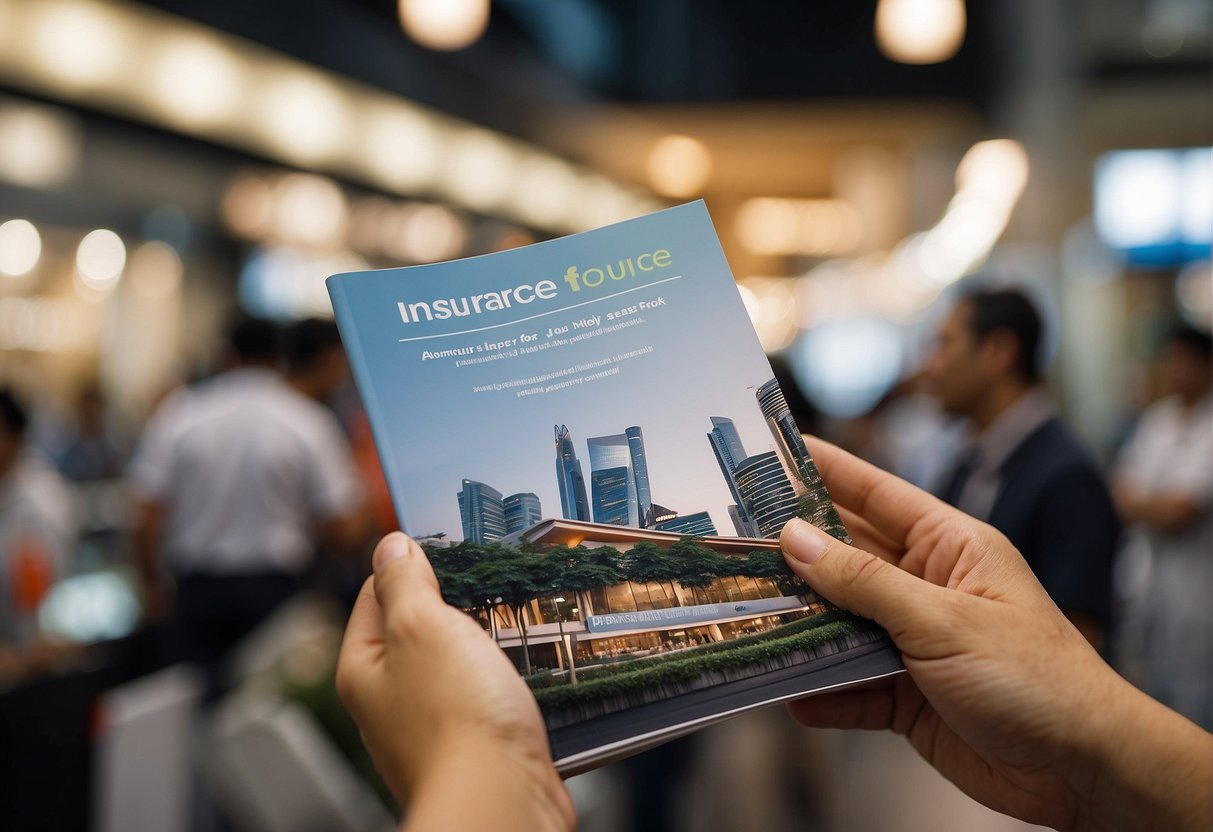 A maid insurance brochure being handed out at a busy Singaporean marketplace