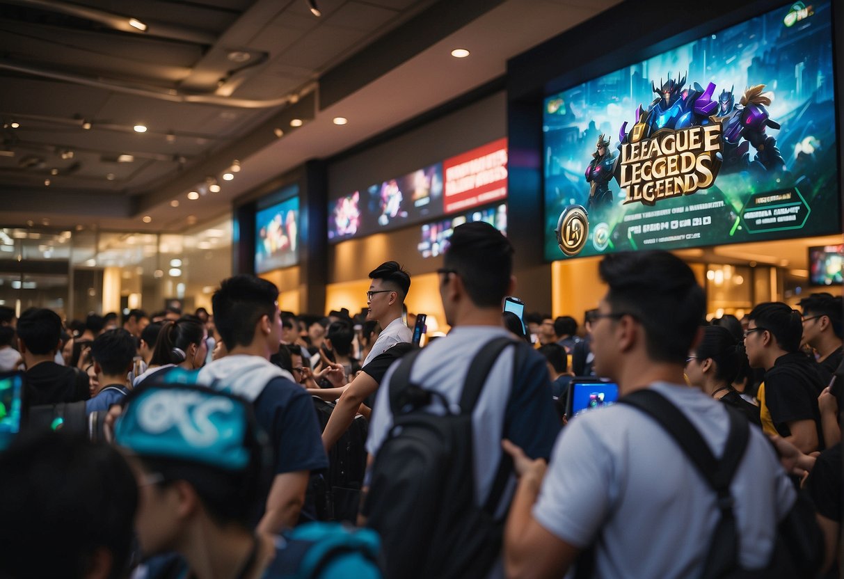 League of Legends promotions in Singapore: A bustling event with gamers queuing, colorful banners, and enthusiastic staff