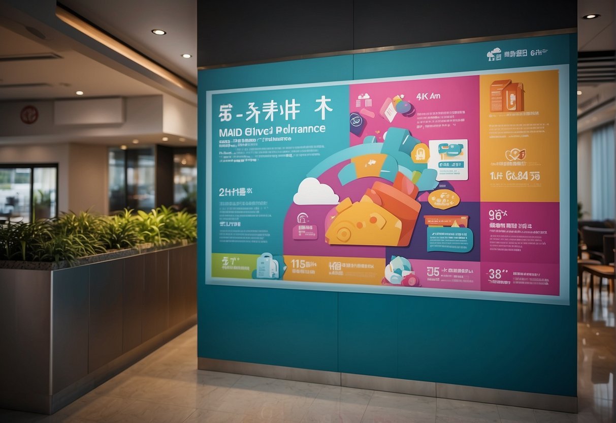 A colorful poster displaying "2024 Maid Insurance Promotions in Singapore" with bold text and attractive graphics