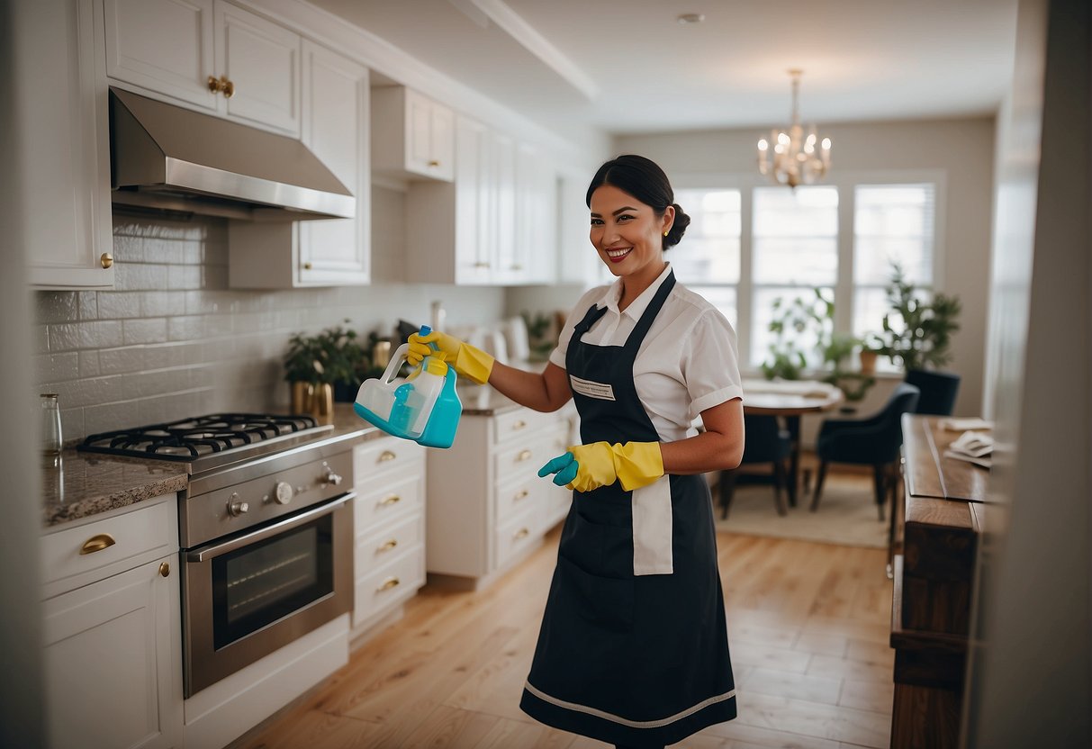 A maid happily cleaning a house, while a policy document and benefits are shown in the background
