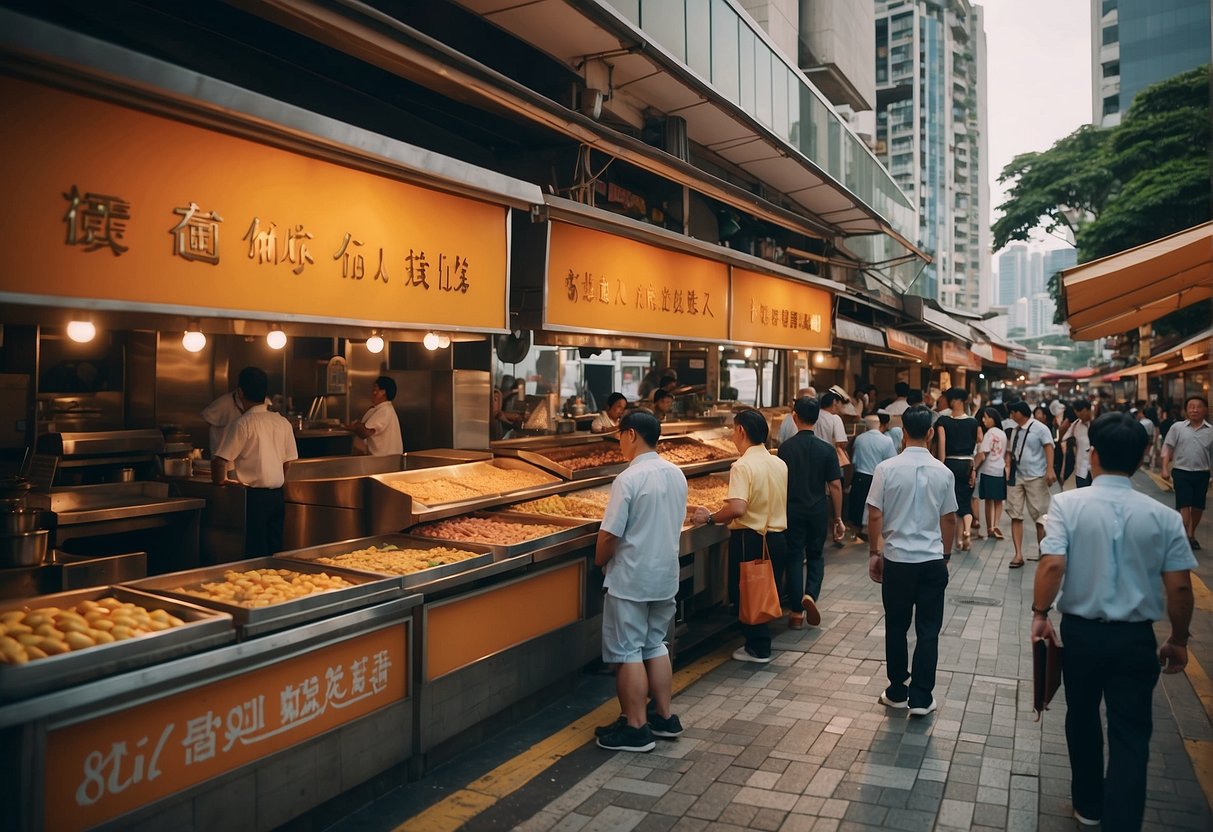 A bustling street in Singapore with vibrant signage for Manhattan Fish Market promotions