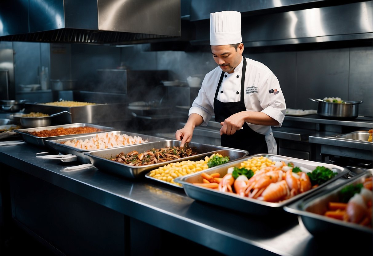 A bustling seafood restaurant with colorful promotional signs, fresh fish on ice, and a chef preparing a sizzling dish