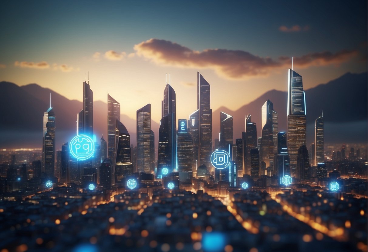 A futuristic city skyline with personalized service symbols floating above buildings, representing differentiation in a super-efficient market era