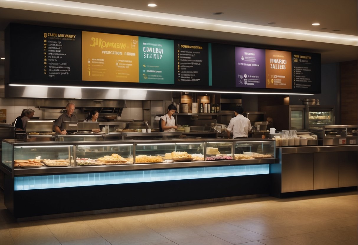 A bustling restaurant with colorful banners and signs advertising promotions. Customers line up at the counter while staff members busily prepare and serve food